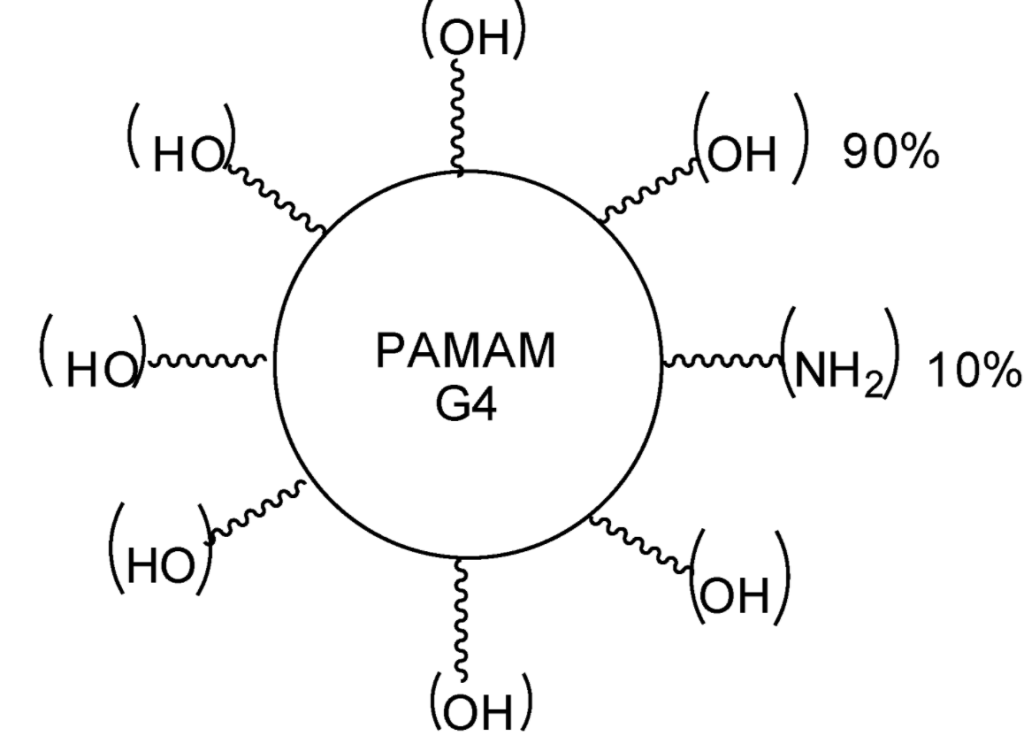 PAMAM-G4 dendrimers containing neutral (-OH-90%) and cationic (-NH2-10%)