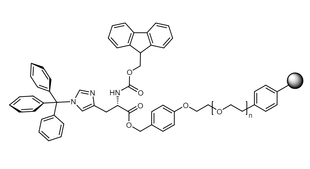 Fmoc-His(Trt) Low Crosslinked Polystyrene-PEG R PHB Resin, 90 µm, Capacity 0.15-0.22 mmol/g