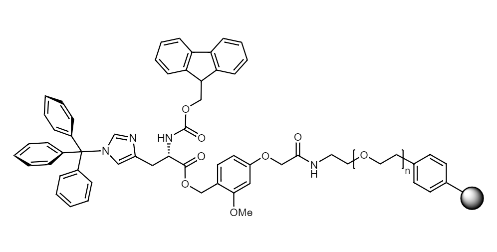 Fmoc-His(Trt) Low Crosslinked Polystyrene-PEG S AC Resin, 90 µm, Capacity 0.16-0.26 mmol/g